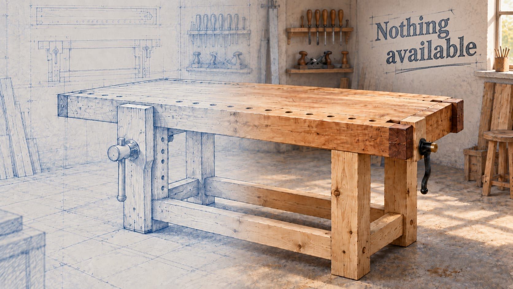 An empty workbench in the workshop, drawn as a blueprint on the left and built in pine on the right, with Nothing available lettered on the wall.