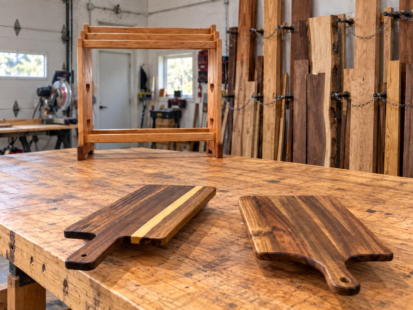 Two walnut boards on the workbench, with a rack and the lumber pile behind